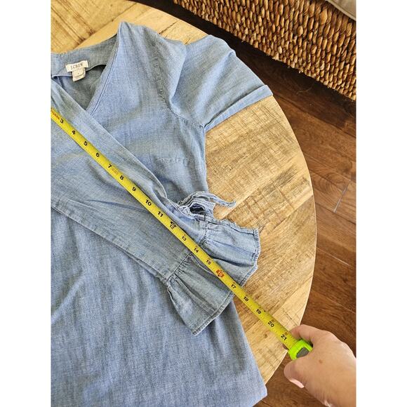 J. Crew Chambray 3/4 Length Ruffle Flare Dress Women's Size 0 Shift Coastal - Picture 8 of 11